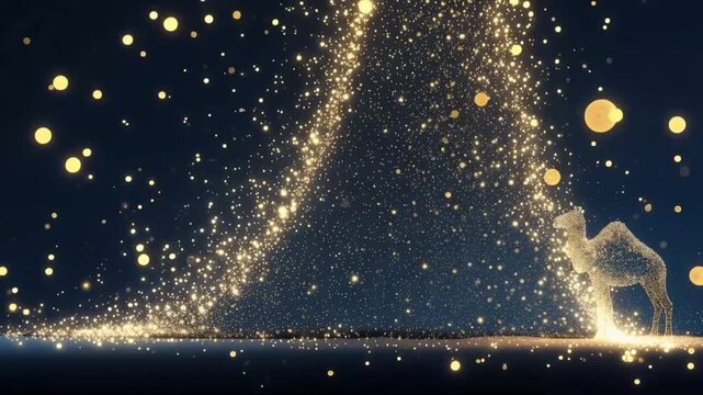 A lone camel silhouette emerges from a magical cascade of golden stardust and shimmering lights. ..Created with Generative AI, not depicting real subjects.