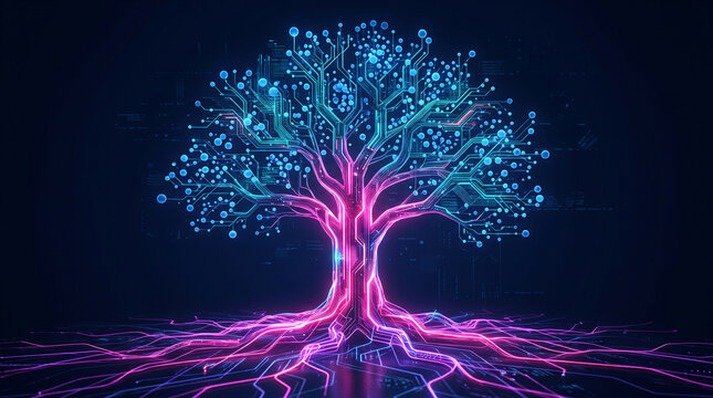 Glowing digital tree with neon circuits, symbolizing technology, growth, and connectivity, with free space for text.