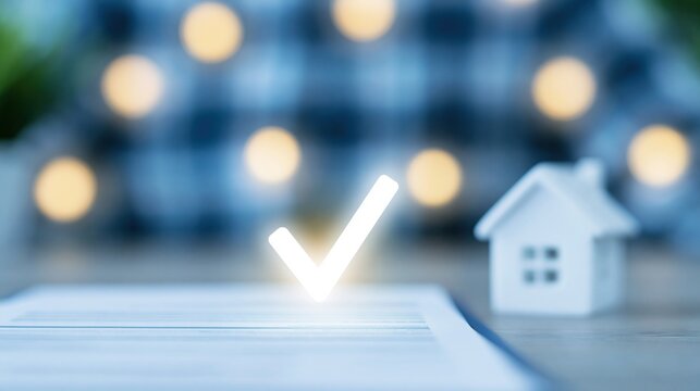 Glowing Check Mark Symbol Above Contract Document with Miniature House and Blurred Festive Lights Background