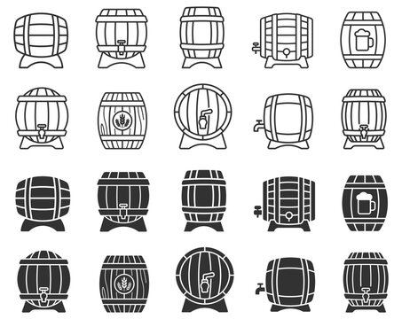 wooden barrel icons set with tap and beer symbols vector illustration on transparent background