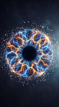 Abstract swirling blue and orange light energy surrounding a dark pupil, symbolizing cosmic power and vision, perfect for sci-fi and technology.