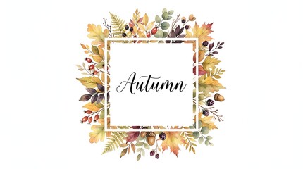 Fototapeta premium Watercolor autumn wreath with oak leaves, acorns, berries, and ferns, featuring a central square frame and script text