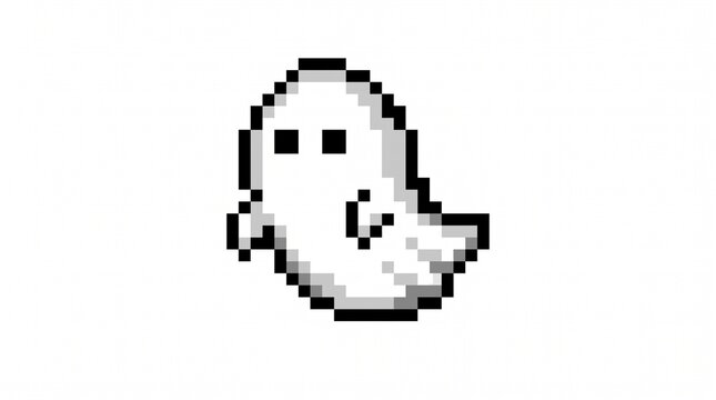 8-bit pixel art of a cute white ghost horror game asset isolated on white.