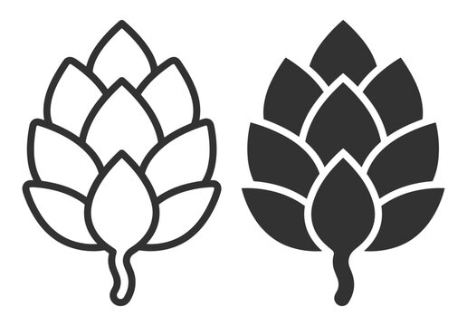 black and white hop cone icon set, brewing and beer ingredient symbol on transparent background
