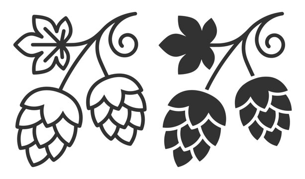 hop cone icon set, outline and solid style, botanical design on transparent background