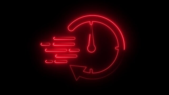 lowing red neon speedometer fast delivery icon quick service symbol dark background.