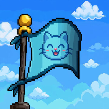 Cute Pixel Art Cat Flag Waving On Blue Sky Background