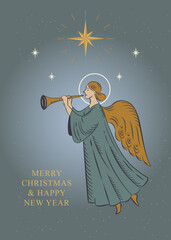 Fototapeta premium Vintage Christmas Angel with Trumpet Holiday Greeting Card