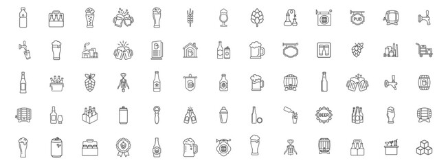 Fototapeta premium Outline beer icons set including glass, bottle, can, tap, barrel, hops, brewery, pub and related brewing elements on transparent background