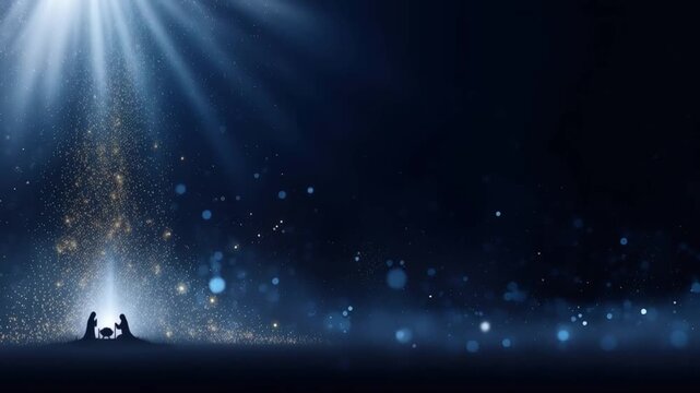 A silhouette of the nativity scene is illuminated by a radiant beam of light, casting a mystical glow on the dark, starry expanse. ..Created with Generative AI, not depicting real subjects.