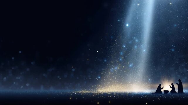 A luminous beam of light descends from the heavens, illuminating a humble Nativity scene with silhouettes of Mary, Joseph, and Baby Jesus. ..Created with Generative AI, not depicting real subjects.