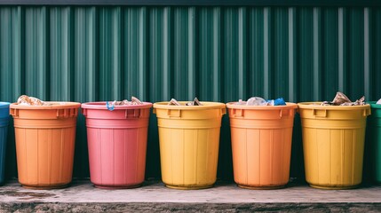Naklejka premium Colorful row of recycling bins filled with waste against a green corrugated metal wall