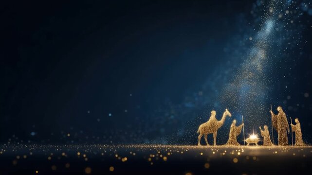 A nativity scene set against a celestial backdrop, with golden figures of the wise men, Mary, Joseph. ..Created with Generative AI, not depicting real subjects.