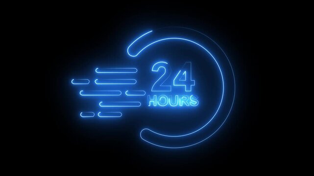 Glowing blue neon 24 hours fast delivery service icon speed symbol dark background.