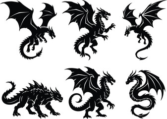 Fototapeta premium Set of six black dragon silhouettes in various flying and standing poses, isolated on a white background, for fantasy themed