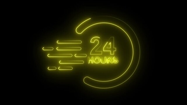 Glowing yellow neon 24 hours fast delivery service icon speed symbol dark background.