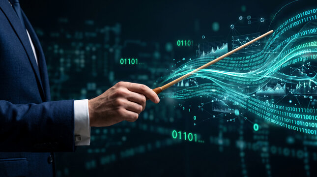 A hand holding a pointer gestures towards a digital display of binary code and financial charts, symbolizing data analysis and business insights