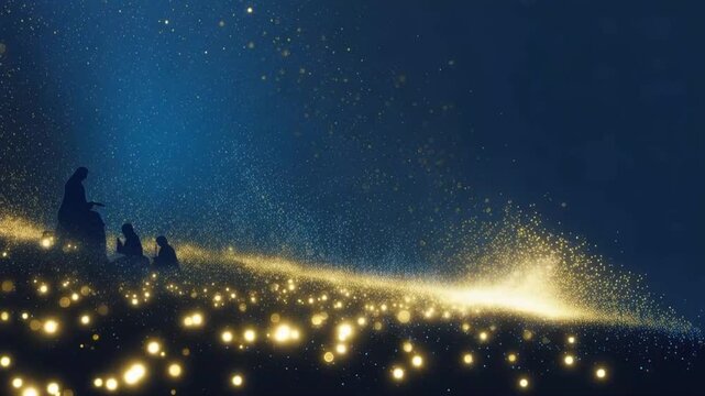Mystical scene with silhouetted figures beneath a starry night sky, surrounded by a field of glowing golden lights. ..Created with Generative AI, not depicting real subjects.