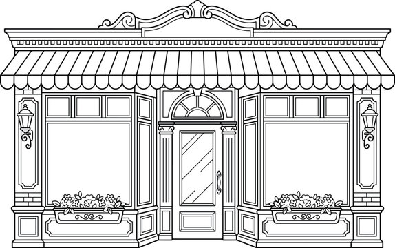 Vintage storefront facade vector illustration featuring classic boutique exterior with awning large display windows door and decorative flower boxes line art
