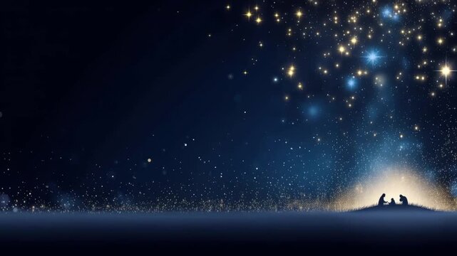 A stylized depiction of the Nativity scene unfolds under a starry night sky, with the Holy Family silhouetted against a glowing light. ..Created with Generative AI, not depicting real subjects.