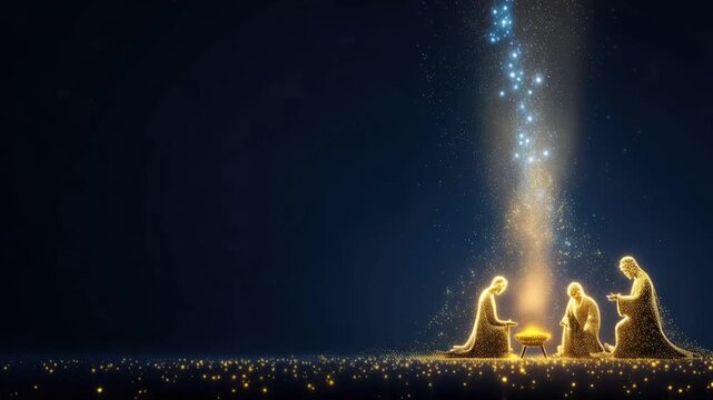 A religious depiction of the Nativity scene, with the Three Wise Men reverently kneeling before the infant Jesus in a manger. ..Created with Generative AI, not depicting real subjects.
