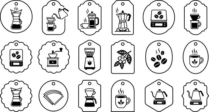 Specialty coffee brewing gift tags vector set featuring line art chemex pour over french press moka pot grinder scale and kettle icons