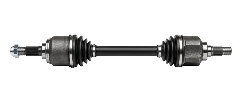 Drive shaft CV axle assembly automotive replacement part isolated on white background for car repair service maintenance drivetrain mechanics system components vehicle spare replacement equipment