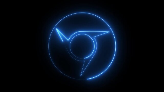 Glowing blue neon web browser icon internet logo shutter circle dark background.