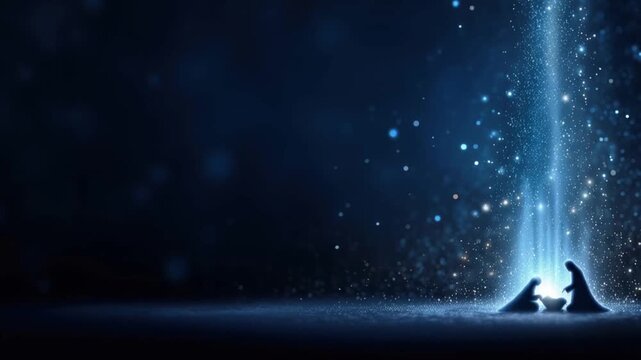 A silhouette of the nativity scene, featuring Mary, Joseph, and the infant Jesus, is bathed in the ethereal glow of a radiant. ..Created with Generative AI, not depicting real subjects.