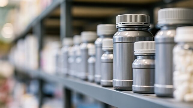 Row of gray plastic supplement bottles with white caps lined up on a store shelf