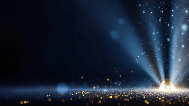 A dramatic and magical display of light beams erupts from a dark surface, illuminating shimmering golden particles and creating an ethereal. ..Created with Generative AI, not depicting real subjects.