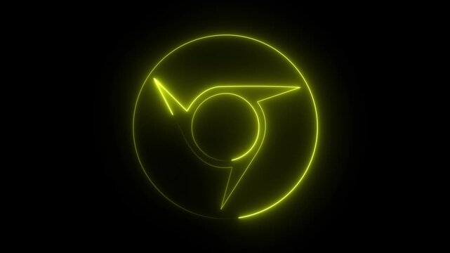Glowing yellow neon web browser icon internet logo shutter circle dark background