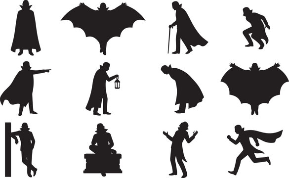 Vintage vector set of 12 vampire silhouettes. Black Count Dracula, bat, wolf man. Classic horror movie characters for Halloween, spooky designs. Shading, lantern. Business card, logo.