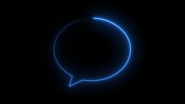 Glowing blue neon speech bubble icon chat message talk dialogue symbol dark background.
