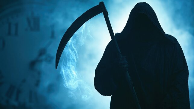 Death Grim Reaper Scythe Time Skull Moon Mist Fog Blue