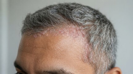 Fototapeta premium Close up view of a man with a receding hairline and thinning hair on his forehead