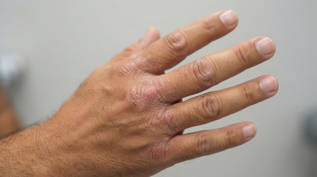 Close up of a human hand showing signs of skin irritation or dermatological condition