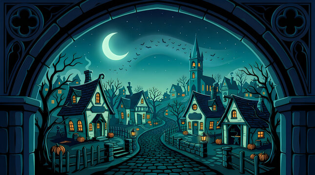 Cozy village scene under a crescent moon at night