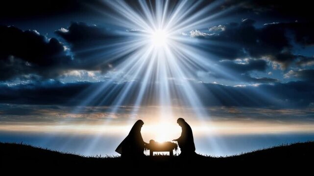 A nativity scene with the Star of Bethlehem shining brightly above. ..Created with Generative AI, not depicting real subjects.