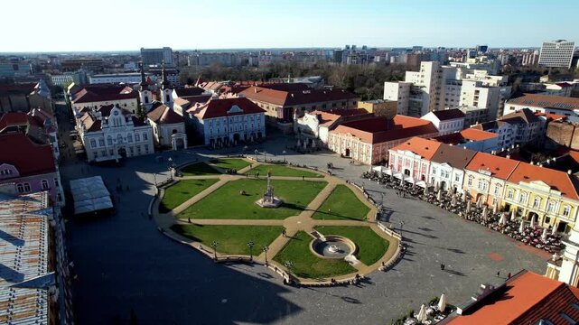Drone aerial view of old city center, Union Square, Timisoara, Romania