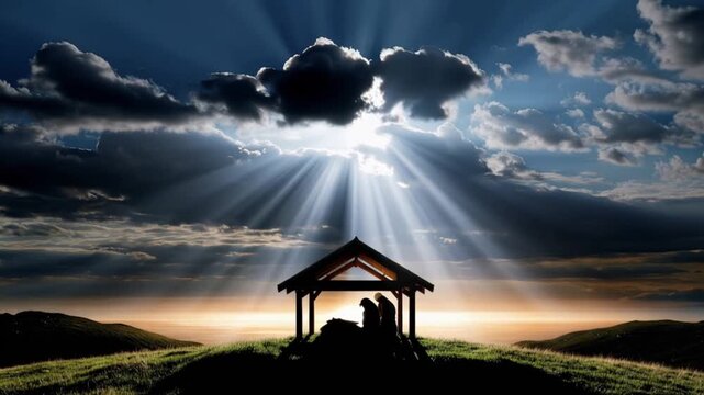 A serene nativity scene unfolds as the Holy family, silhouetted against a dramatic twilight sky, finds shelter in a humble manger. ..Created with Generative AI, not depicting real subjects.