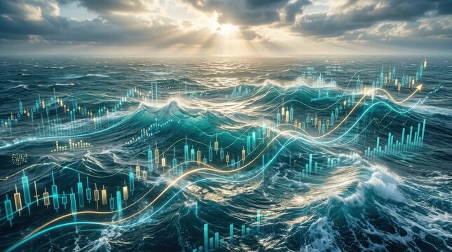 Financial market charts and graphs superimposed over stormy ocean waves with sun rays breaking through clouds.