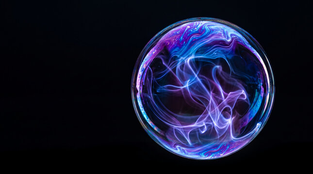 Swirling purple and blue patterns within a transparent sphere, suggesting motion and energy, perfect for abstract or science concepts
