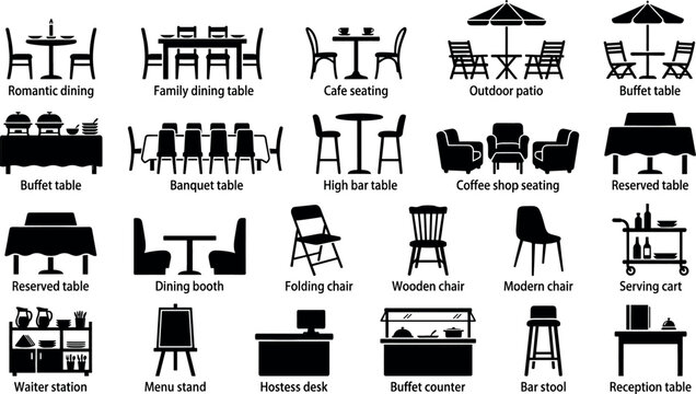 Restaurant furniture and dining layout icon set with black vector silhouettes for bistro cafe banquet buffet and hospitality seating arrangement.