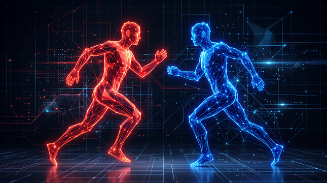 Wireframe figures of runners in red and blue, against a dark, digital grid, symbolizing competition, technology, and speed.