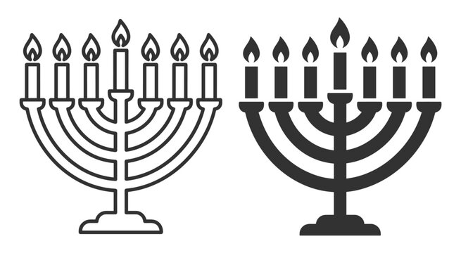menorah candle holder with nine lit candles silhouette and outline vector illustration on transparent background
