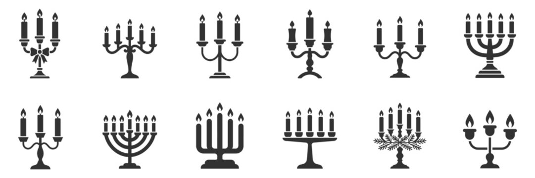 set of different candle holders and candelabras icons with lit candles on transparent background