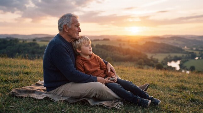 Grandfather and Grandson Sharing a Peaceful Moment in Nature at Sunset
