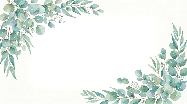 Watercolor eucalyptus branches corner frame with green leaves and small berries on a white background, botanical border