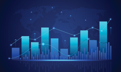 Naklejka premium Global Financial Market Data Visualization with Blue Bar Chart and Line Graph, Business Analytics, Investment Performance, Economic Statistics and Digital Technology Concept